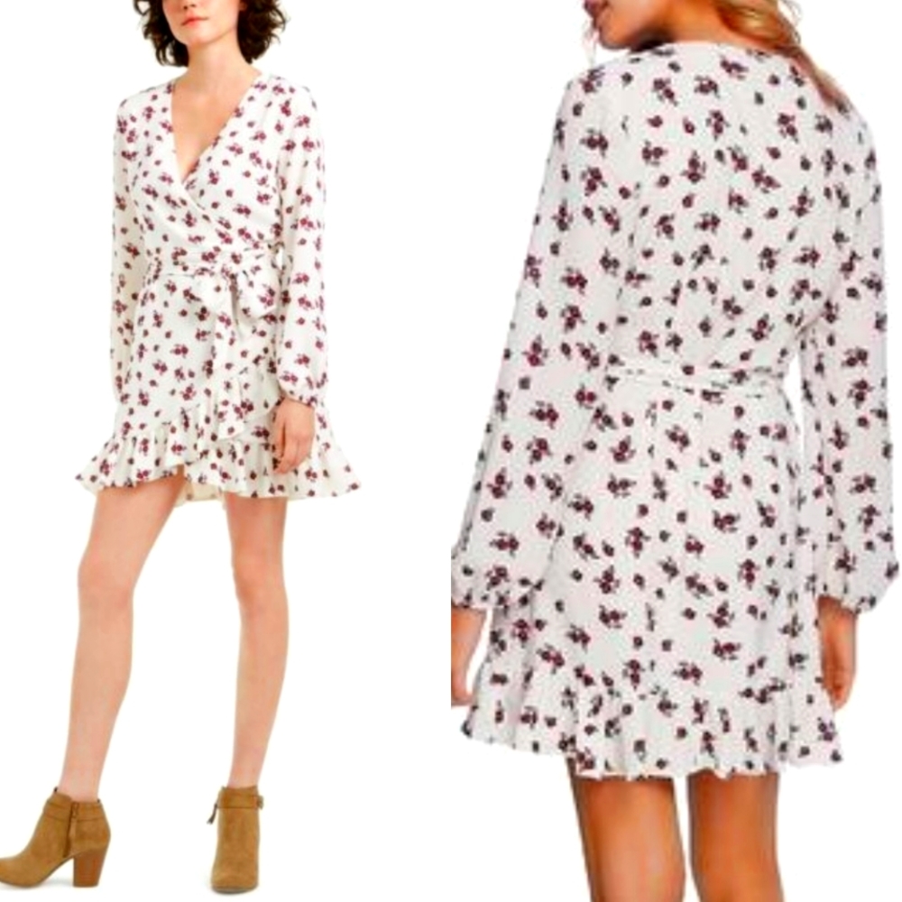 1.State Dress Floral Faux Wrap Golden Hour Cream Purple